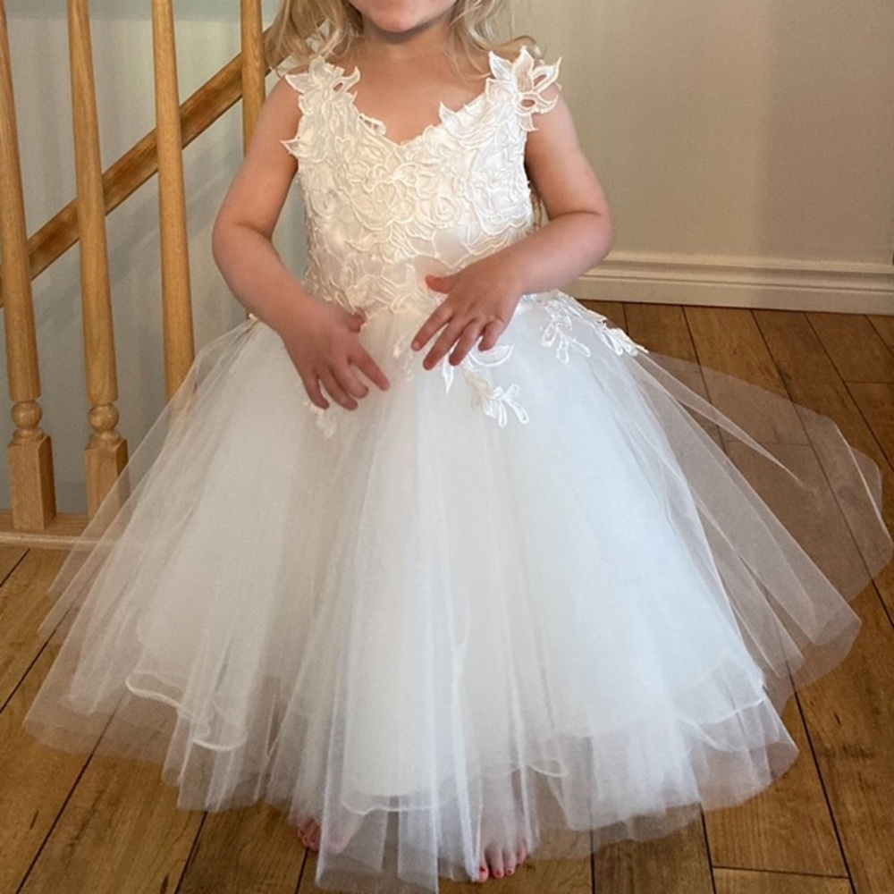 White Floral Lace Tulle Formal Dress for Girls